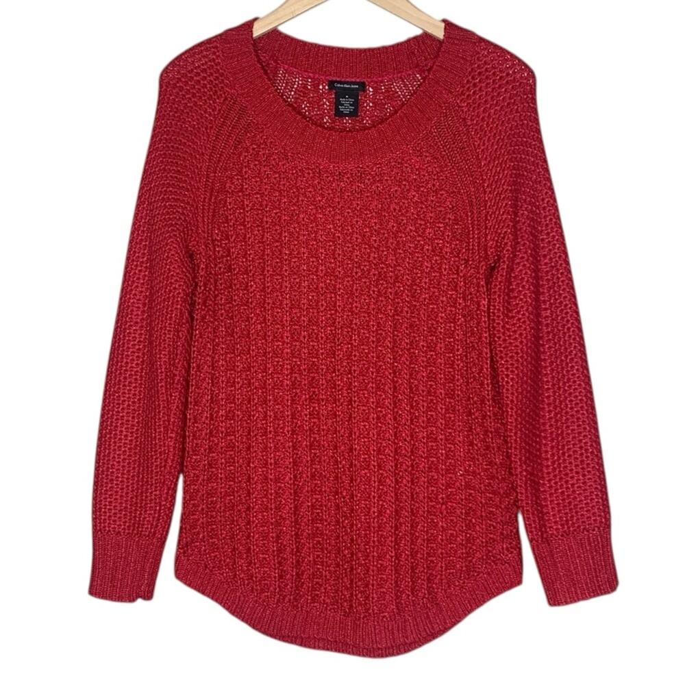 Calvin Klein Jeans Open Cable Knit Sweater M Medium Berry Red Logo Raglan